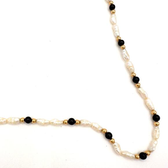 14k Yellow Gold Estate Freshwater Pearl and Black Onyx Necklace Vintage Estate - Picture 4 of 13